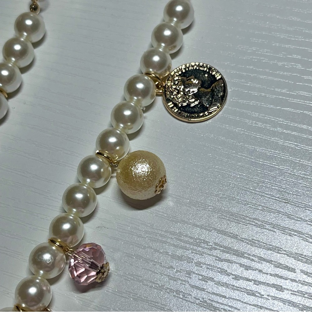 Chunky Long Pearl Beaded Fashion Necklace with Ballerina Pendant & Charms - Picture 11 of 15